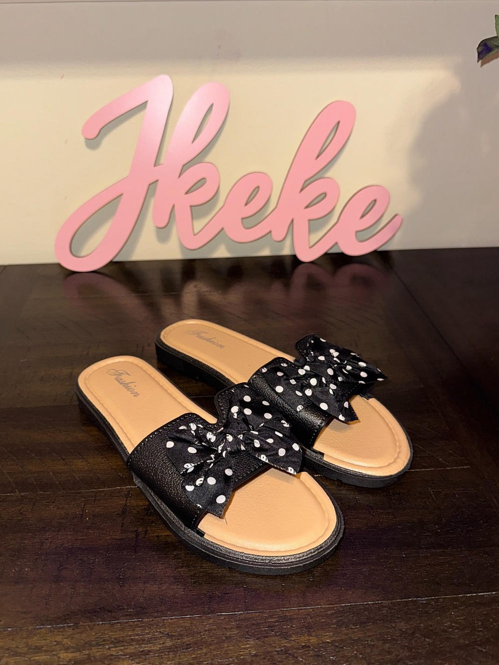 Polka Dot Bow Slip-on Sandals - Black size 5, 6, 7